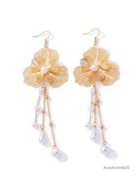 Statement Floral Tassel Earrings 14K Gold Plated Drop Dangle